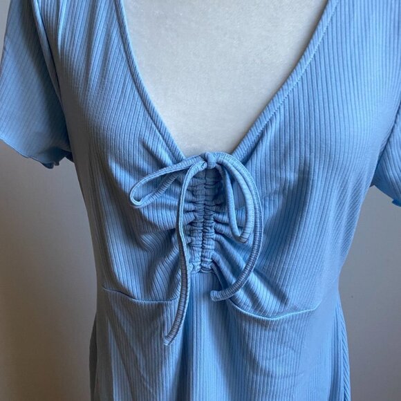 BP Women Blue Ribbed Tie Front Dress BNWOT Lettuce Edge Short Sleeve - Picture 3 of 8
